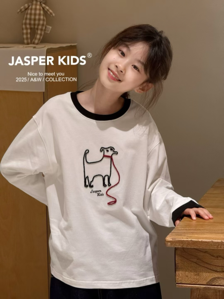 Jasper品牌韩版2025新款秋冬款儿童男女童卡通牙刷绣圆领长袖T恤