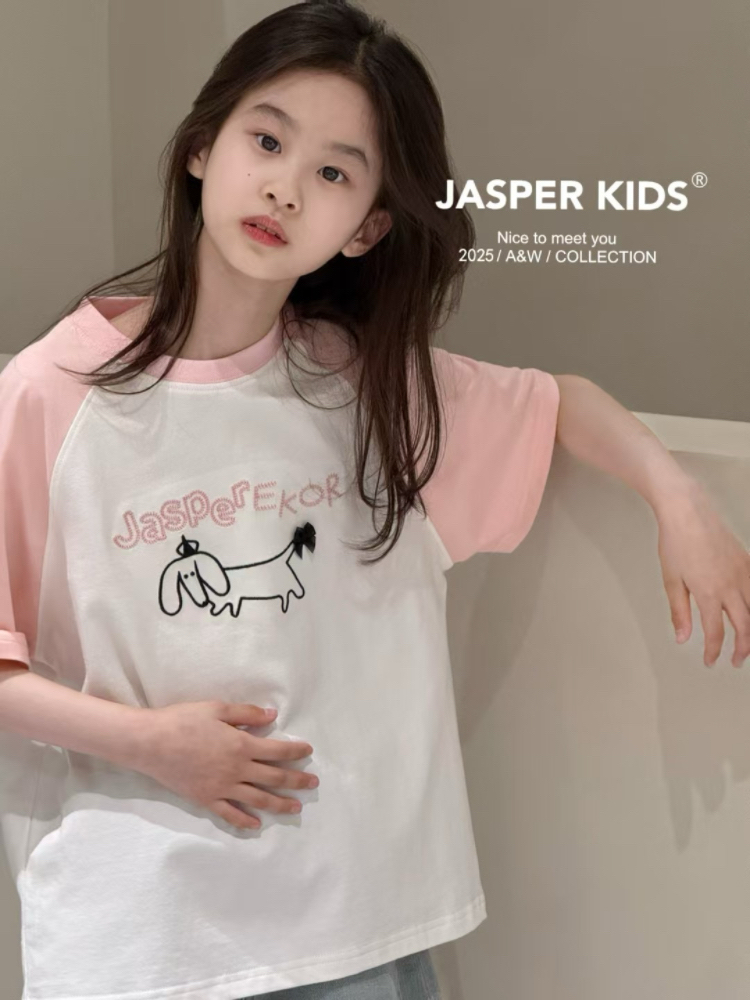 Jasper kids韩版2025夏款女童卡通拼色短袖T恤中大童百搭打底衫