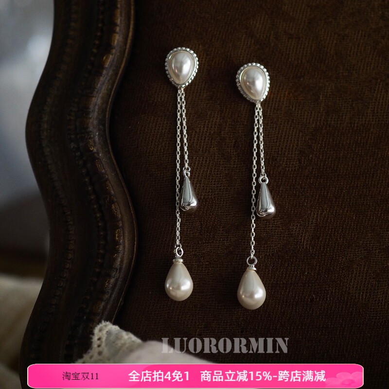 设计师款珍珠流苏耳夹耳环女gj感气质百搭长款耳饰
