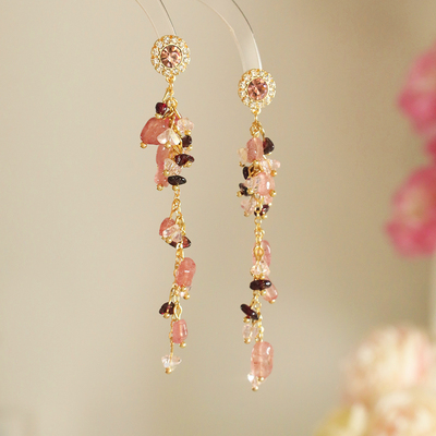 粉色碎石耳环女士小众流苏