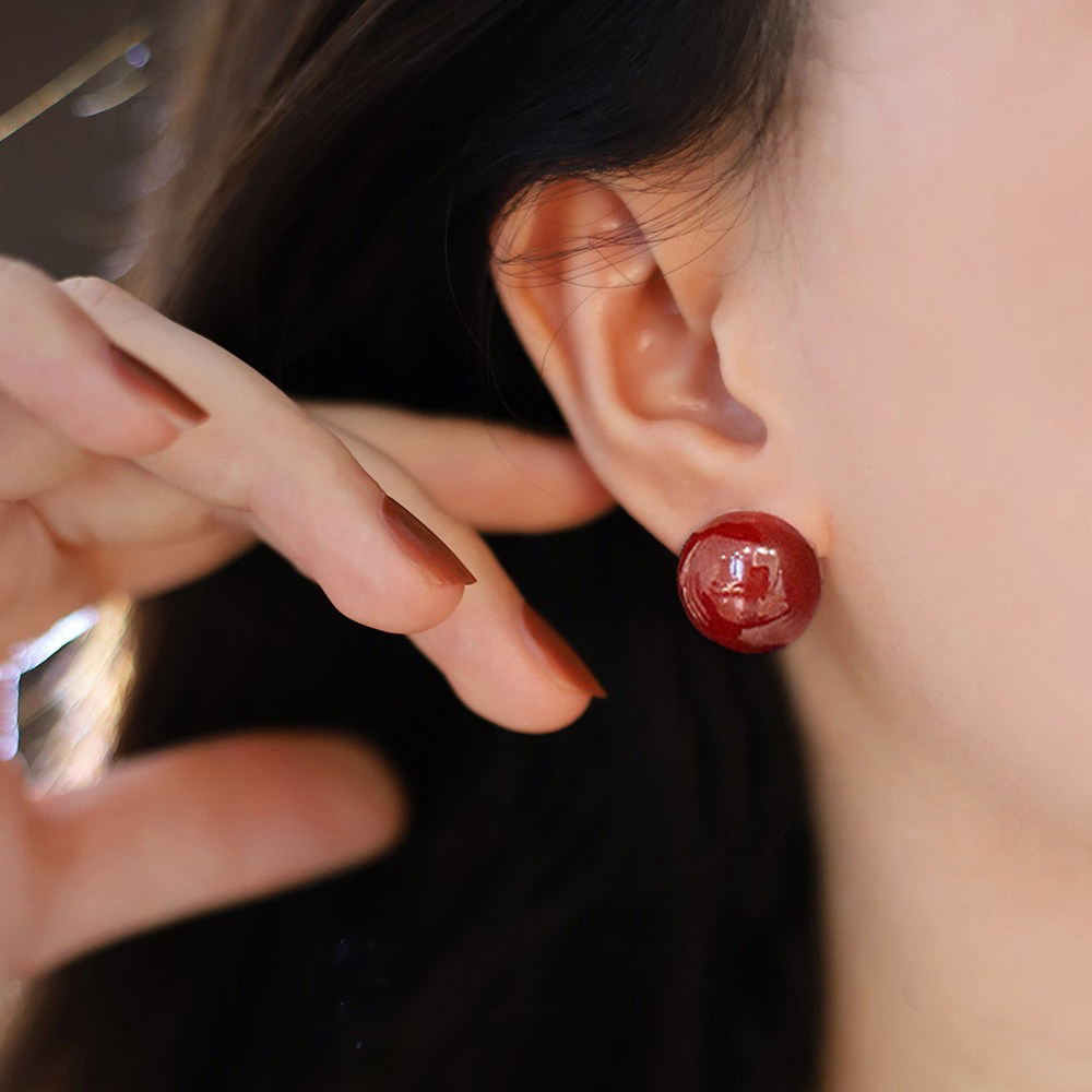 方圆脸相思耳圈耳夹红色珐琅釉显白耳扣百搭无耳洞耳饰女复古节日,饰品/流行首饰/时尚饰品新,耳钉,淘宝优惠券,粉丝福利购,淘宝优惠卷