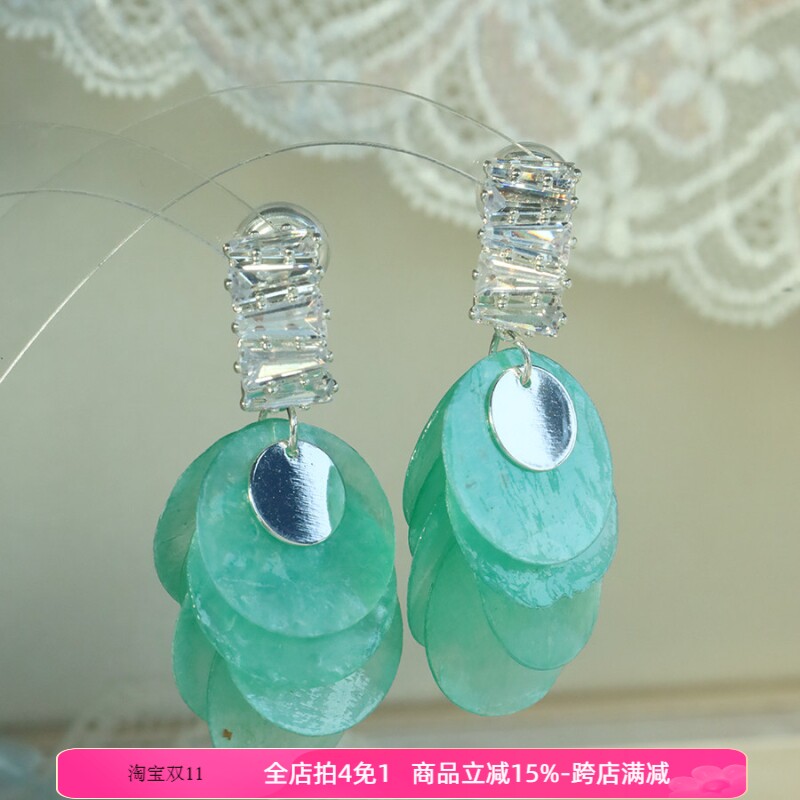 法式 小香锆石耳夹蓝色色贝壳耳环女无耳洞耳钉轻奢气质