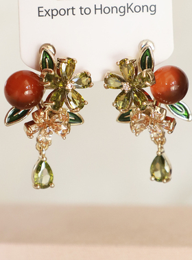 花朵果实造型耳夹女复古气质显瘦绿色橙色耳饰