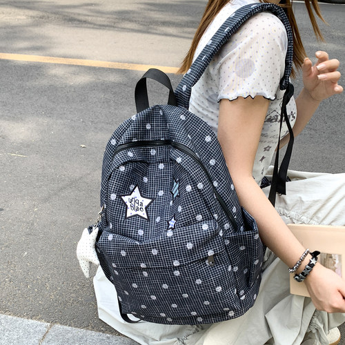OULAILI2026韩系休闲星星格子双肩包女学生书包学院风大容量背包