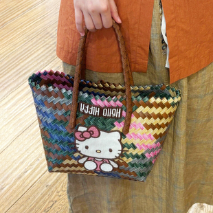 腊肠狗编织包菜篮子复古藤编手提包竹节草编包纯手工竹编包沙滩包