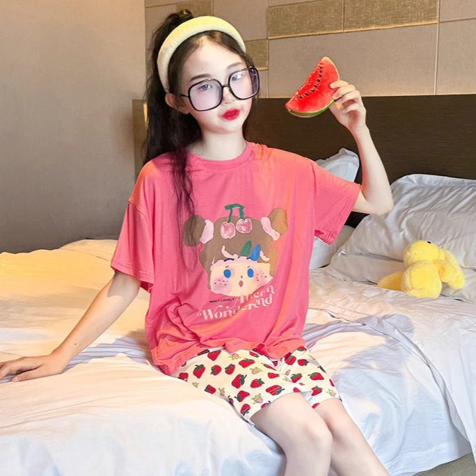 女童睡衣套装初中生女孩薄款短袖卡通可爱风家居服儿童夏季空调