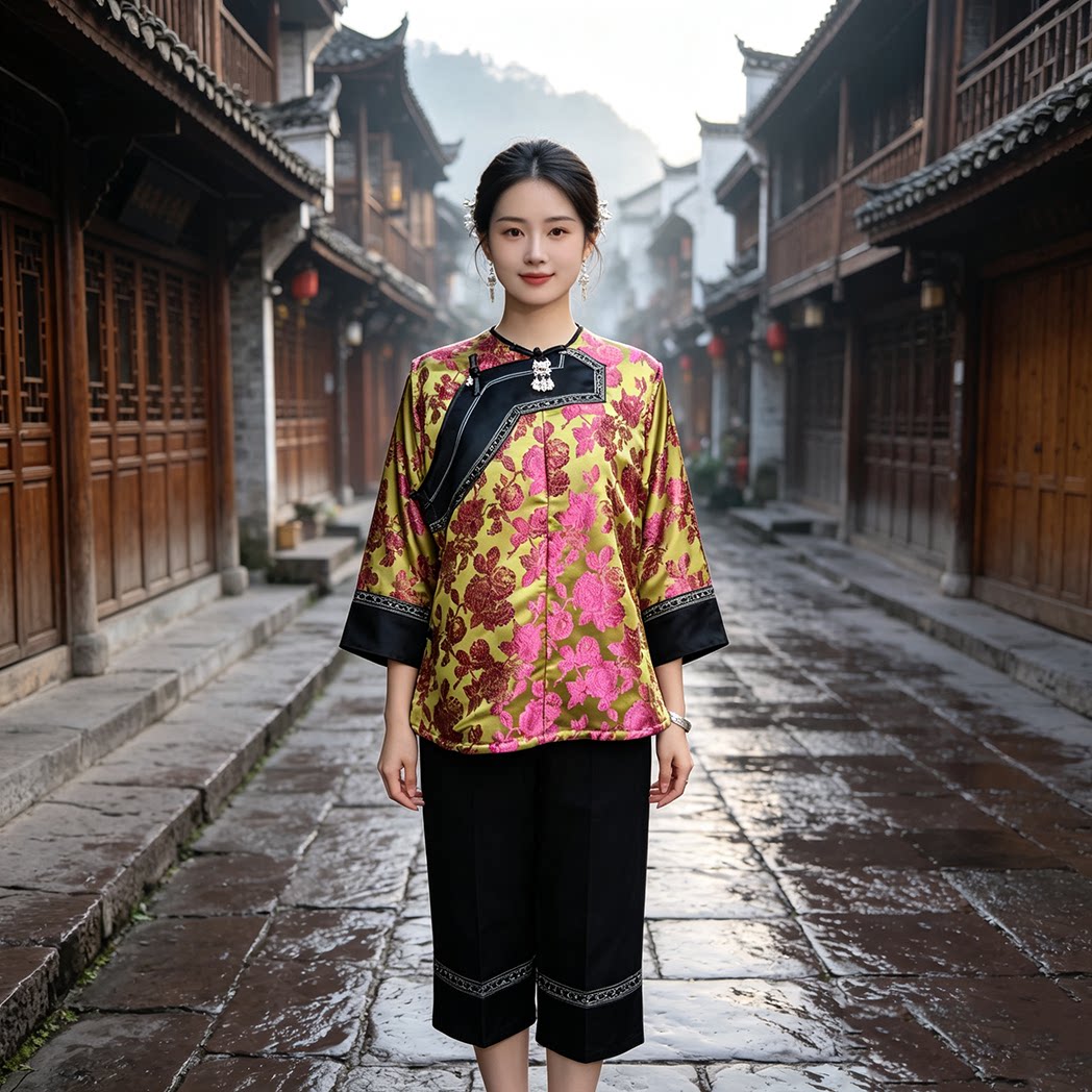 中式复古刺绣盘扣七分袖女上衣