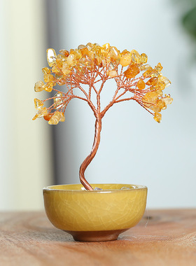 水晶聚宝盆茶盏发财树摆件礼品