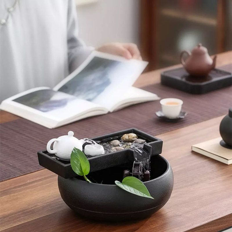 茗泉陶瓷流水摆件茶桌茶室桌面喷泉水景循环流水器风水轮礼品招财