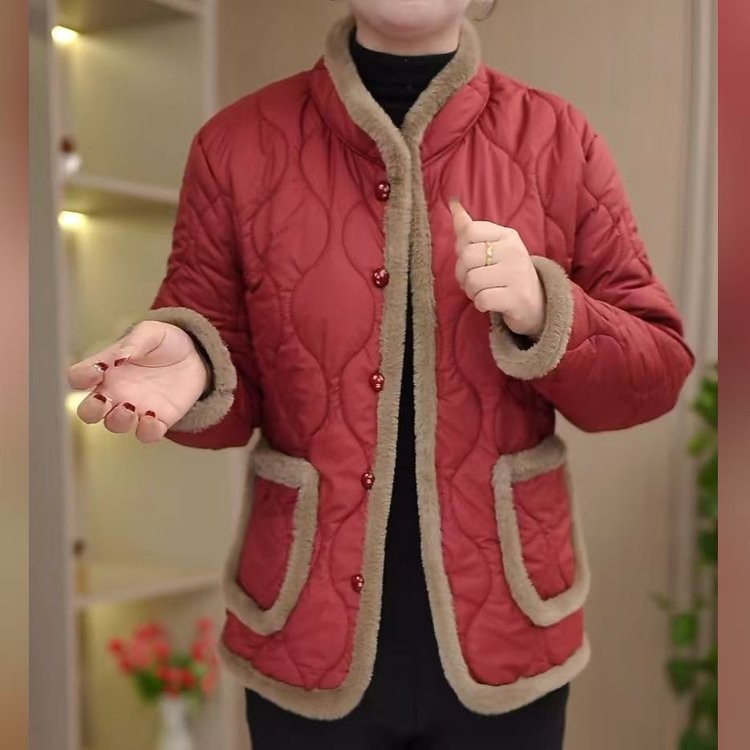 妈妈装秋冬立领国风洋气棉衣加绒保暖小棉袄中老年女纯色棉服外套