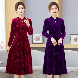 裙子 连衣裙气质50岁民族风春秋中长款 中年女装 改良旗袍裙妈妈长袖