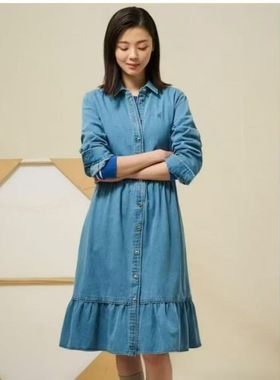 【ATPLAL】韩国奢牌法式复古宫廷感牛仔荷叶裙摆翻领气质连衣裙