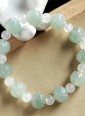 石之富天然翡翠A货冰种莲花手链手串28.28克