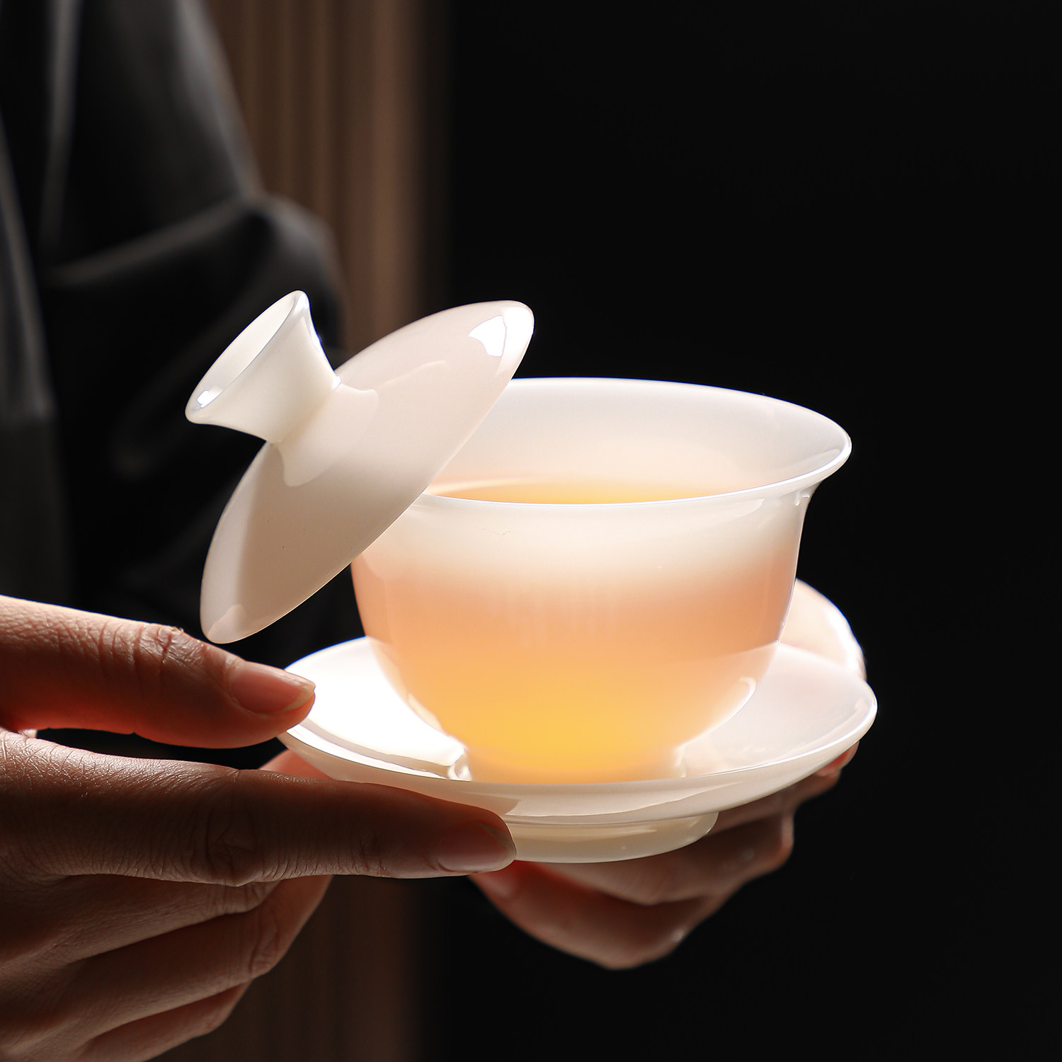璞玉悬停盖碗冰种玉瓷三才泡茶碗