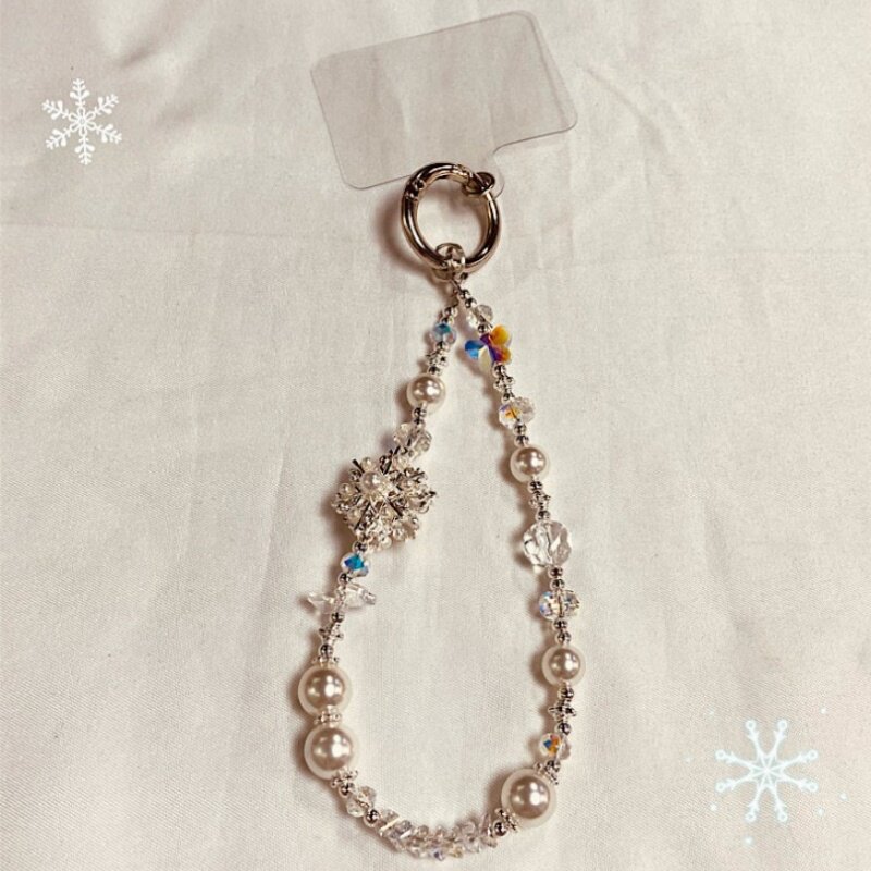 冬季雪花链短款玻璃珍珠水晶串珠钥匙扣高级精致包挂件