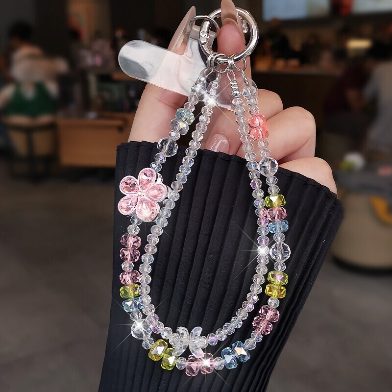 奢华彩色水晶花朵链双层串珠短款清新少女风闪亮防丢挂饰挂绳