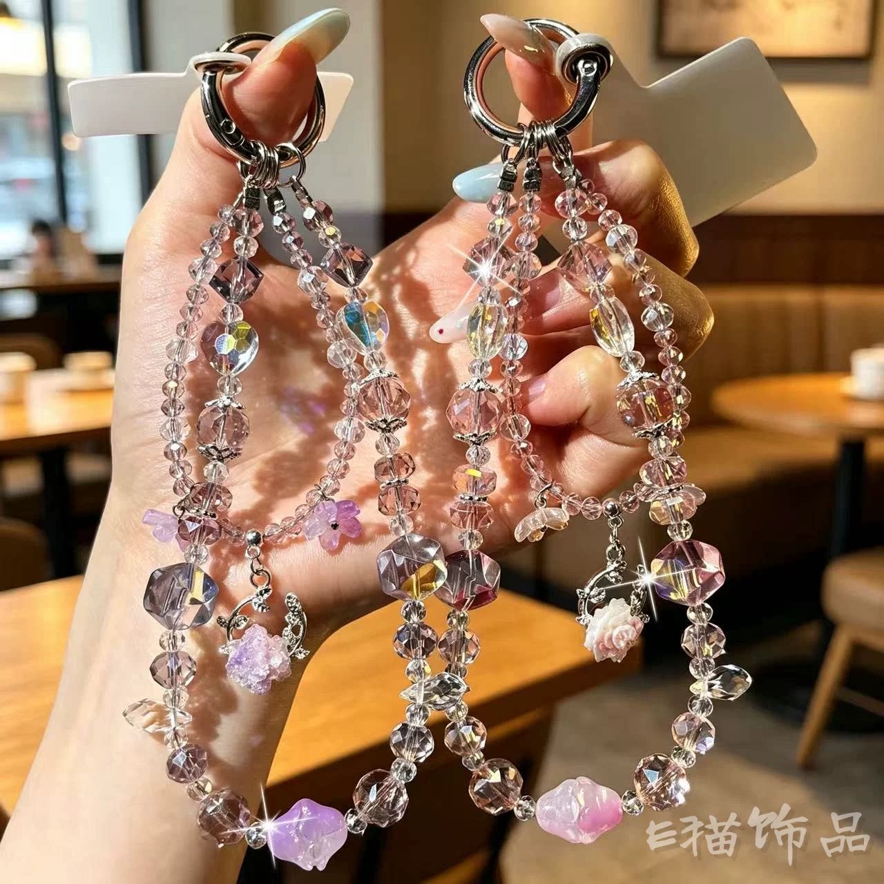 奢华水晶花朵手机链闪钻串珠手腕挂绳双层防丢挂链百搭钥匙扣挂件