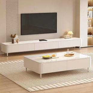 奶油风岩板电视柜客厅小户型简约轻奢软包皮落地茶几桌电视柜组合