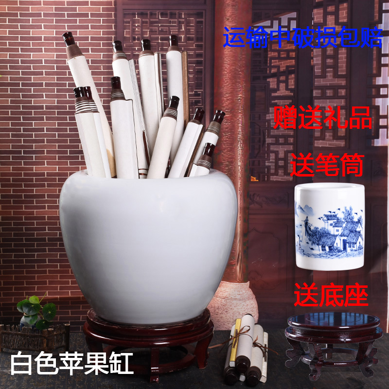 白色陶瓷书画桶卷轴缸字画收纳缸落地字画筒客厅书房工艺品摆件