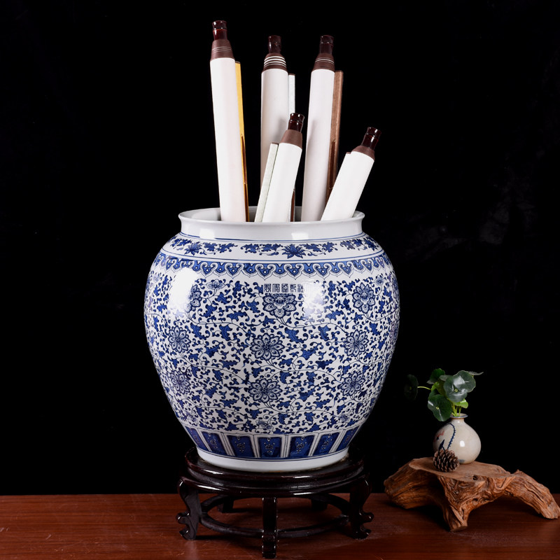 大号书画缸花瓶陶瓷器书画桶超大字画景德镇青花瓷简约现代落地
