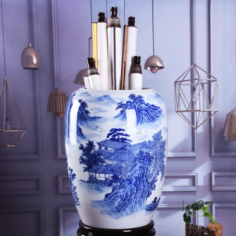 景德镇陶瓷青花瓷直筒收纳桶字画