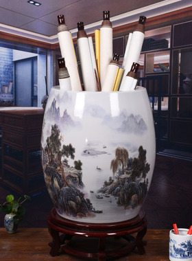 景德镇陶瓷书画缸字画桶卷轴缸字画收纳筒落地字画桶复古书房摆件