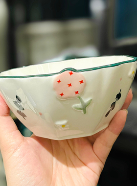 小清新浮雕手绘陶瓷家用釉下彩5英寸米饭碗高颜值蔬菜水果沙拉碗