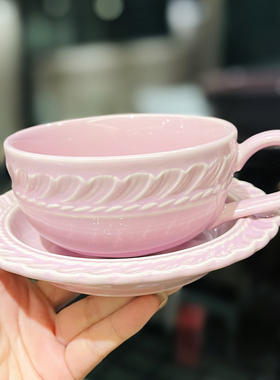 法式香颂紫色轻奢咖啡杯浮雕优雅陶瓷奶油风拿铁拉花杯碟下午茶杯