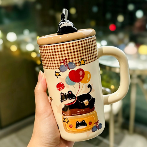 可爱猫咪陶瓷马克杯带盖吸管