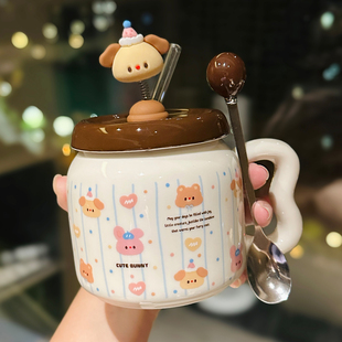 可爱卡通小动物陶瓷吸管马克杯带盖勺女生办公室咖啡杯水杯牛奶杯