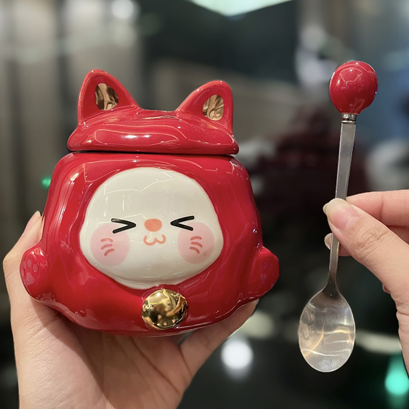 送本命年红色招财猫陶瓷杯子带盖勺女生高颜值新年礼物可爱马克杯