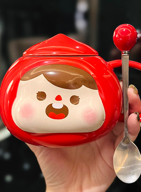 韩式可爱粉嫩少女心学生马克杯带盖勺红色卡通陶瓷水杯早餐燕麦杯