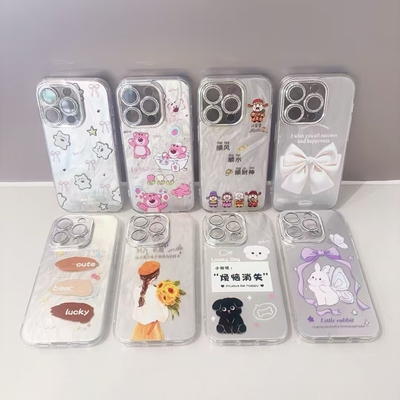 适用VIVO Y300PRO Y500 Y37 S50 IQOONEO10卡通X200S小清新带闪粉镜头膜直边精孔防摔银色IMD羽纱手机壳批发