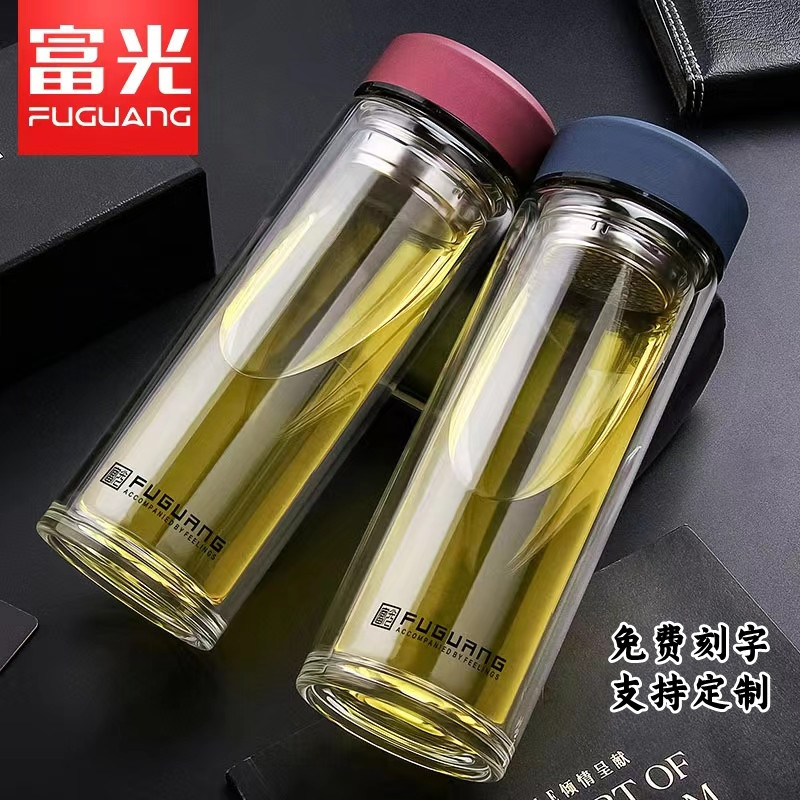 富光G1416双层家用带盖玻璃杯大容量男女学生水杯便携泡茶杯水杯