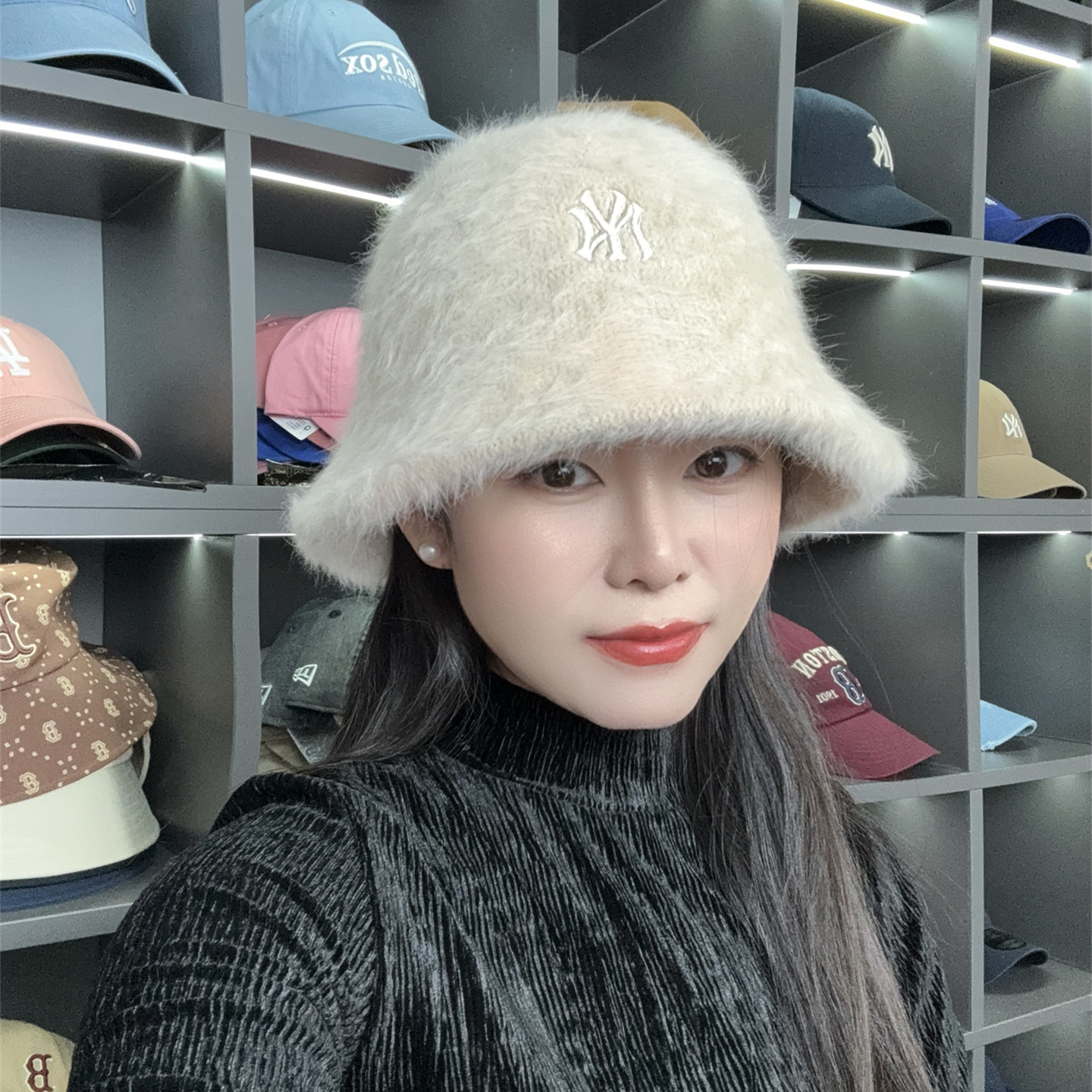 韩国MLB毛线帽24秋新款字母针织渔夫帽女时尚百搭显脸小盆帽子潮