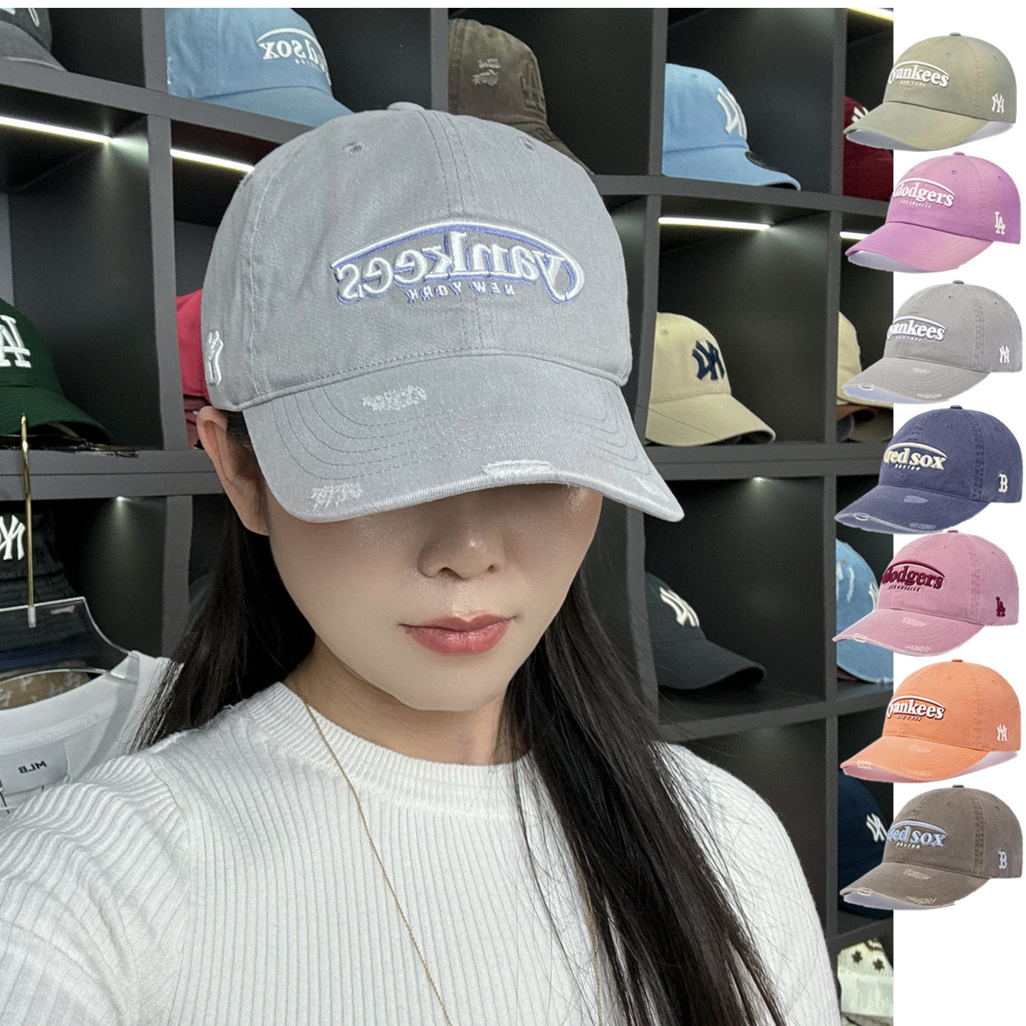 MLB帽子韩国正品男女情侣刺破洞休闲运动NY软顶棒球帽3ACPV106N