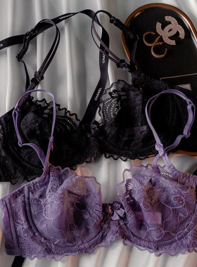 紫色超薄款法式蕾丝内衣女性感大胸显小收副乳聚拢大码文胸罩套装