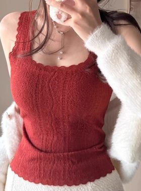 秋冬性感红色蕾丝方领文胸本命年结婚聚拢带胸垫显瘦保暖吊带内搭