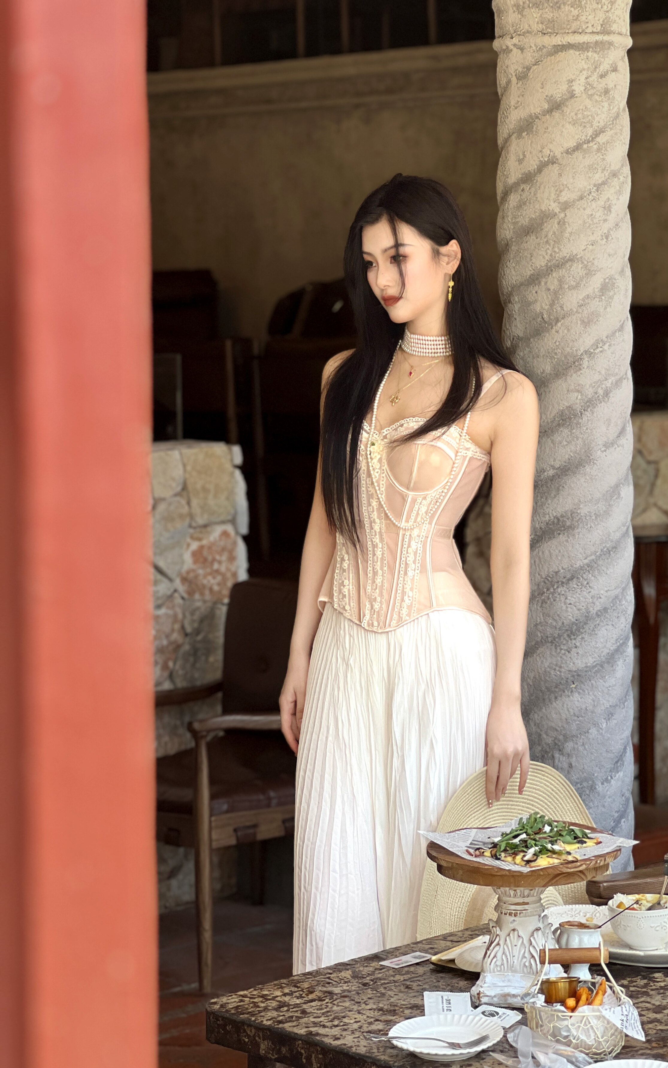 仙子狗尾巴花四月新款鱼骨抹胸衣微透视纱束腰度假风小礼服