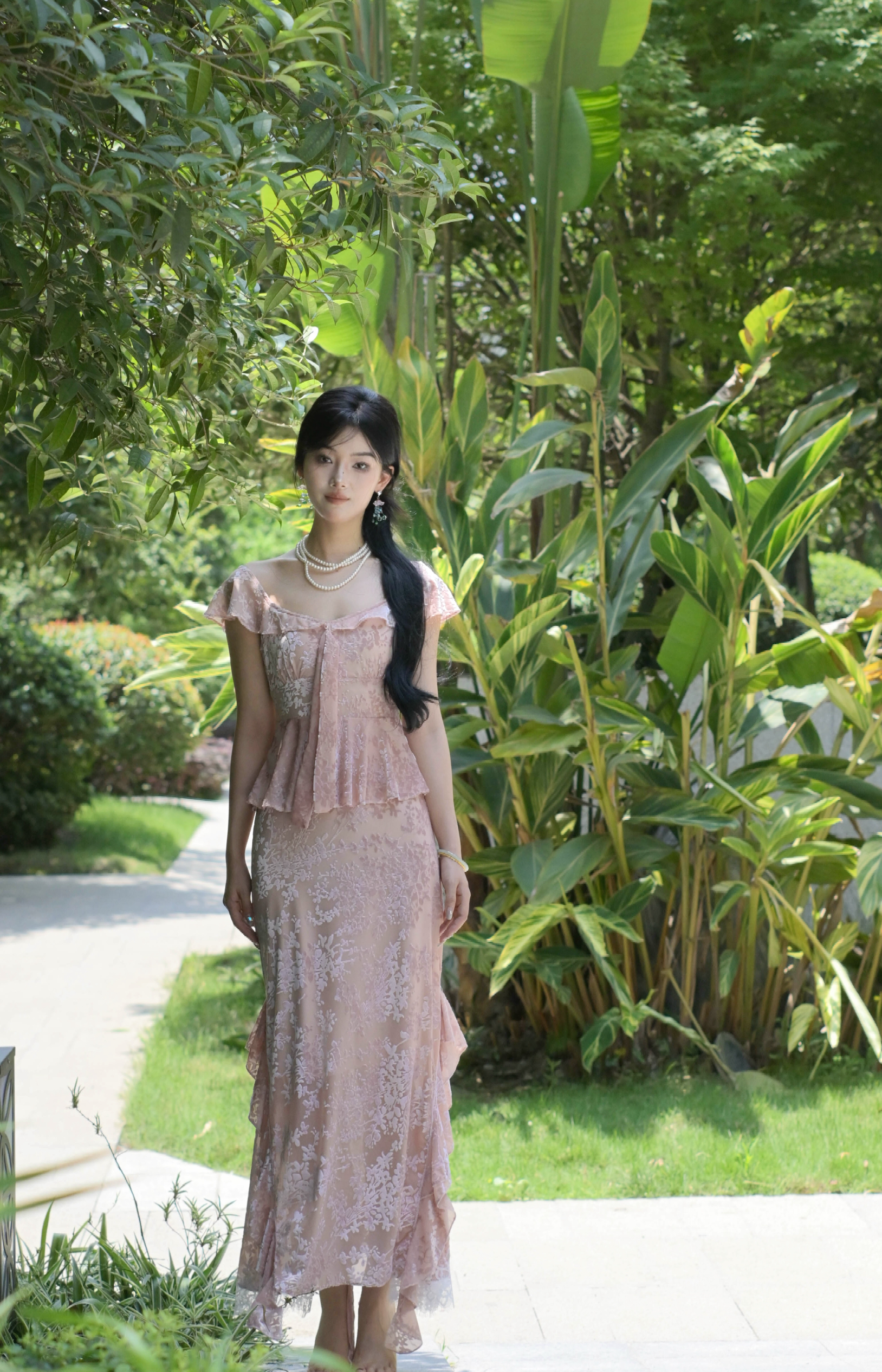仙子狗尾巴花小众高级感烂花绒拼接轻奢收腰长裙假两件荷叶边鱼尾