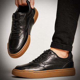 复古布洛克牛皮男鞋头层真皮生胶底板鞋男士百搭黑色休闲鞋皮鞋
