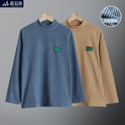 胖男童长袖T恤秋冬德绒打底衫2023新款条纹上衣中大童半高领秋衣