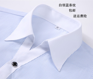 女士白领蓝色条纹长袖衬衫银行职业装修身白领蓝条纹工装大码衬衣