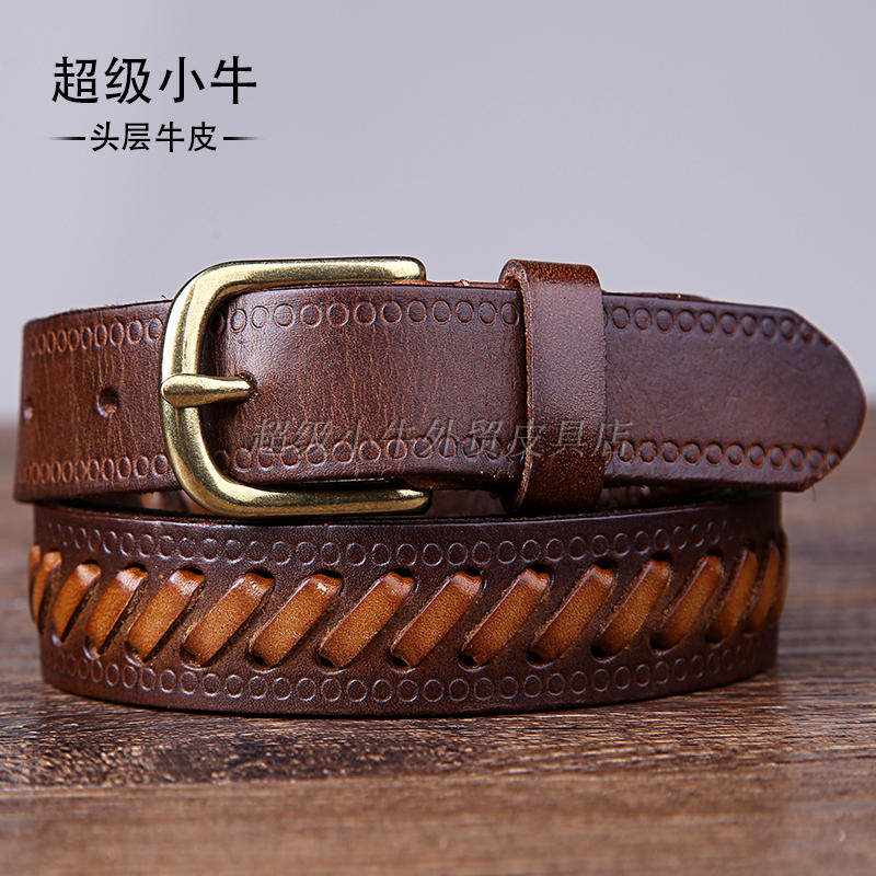 新品日系风手工编织纯牛皮女士皮带百搭休闲真皮腰带女裤带民族风