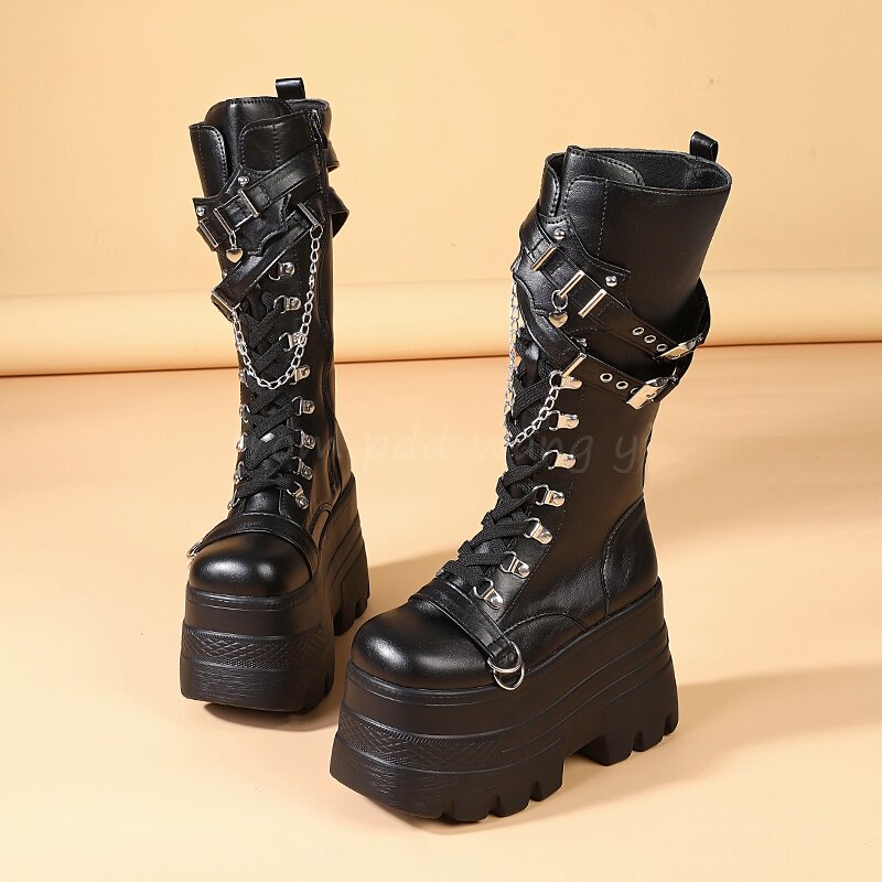漫展cos增高鞋11厘米增高大码马丁靴中筒平底小个子长腿靴厚底鞋