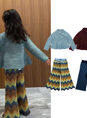 ins风25mp秋冬新款儿童女童复古风新款斜领蝴蝶结毛衣+针织阔腿裤