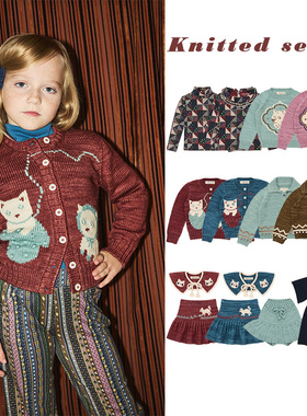 ins风25冬季MP系列童装 儿童毛衣女童卡通猫咪针织开衫连衣裙套装