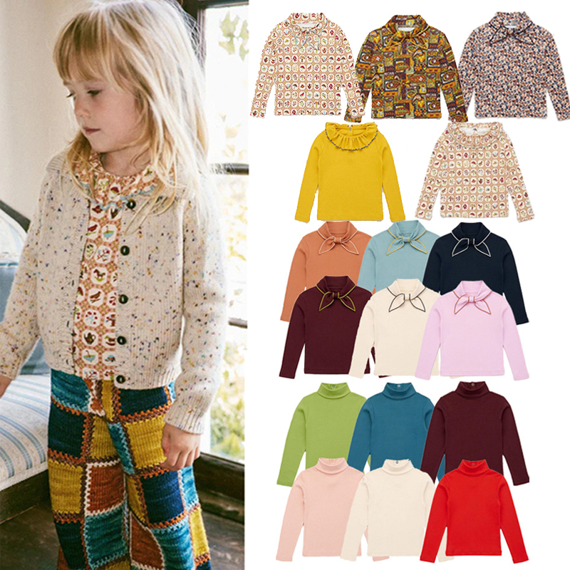 ins爆款2024秋季MP系列 儿童复古风女童甜美绑带领长袖T恤打底衫