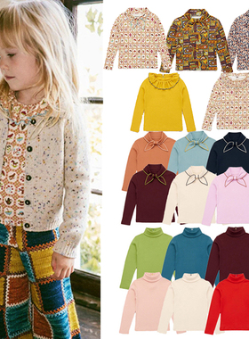 ins爆款2024秋季MP系列 儿童复古风女童甜美绑带领长袖T恤打底衫