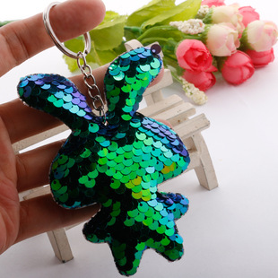 鱼鳞亮片兔子钥匙扣可爱双面反光流氓兔汽车钥匙包包挂件服饰配饰